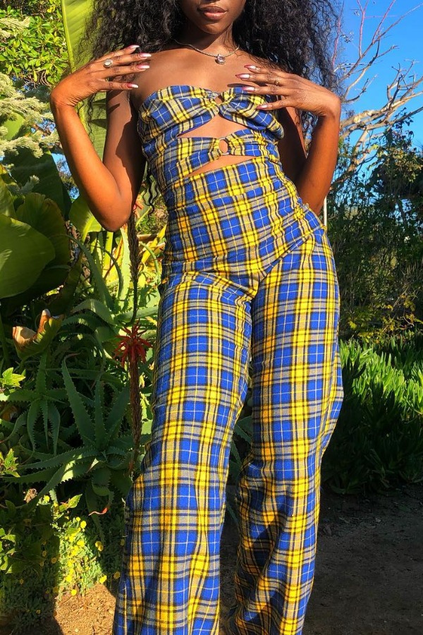 

Lovely Trendy Dew Shoulder Grid Green One-piece Jumpsuit