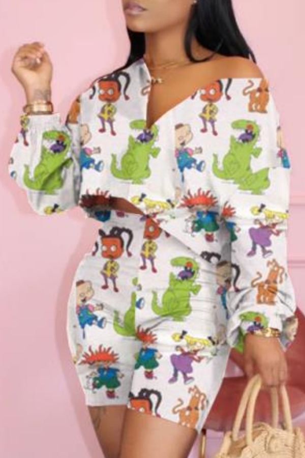 

Lovely Casual Cartoon Print White Two-piece Shorts Set