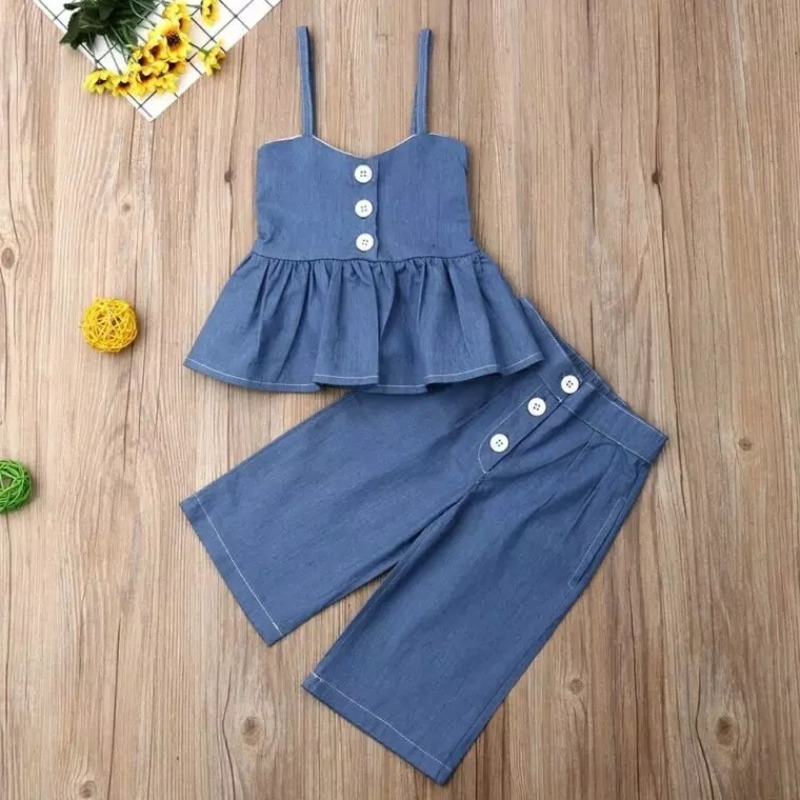 

Lovely Trendy Buttons Design Deep Blue Girl Two-piece Pants Set