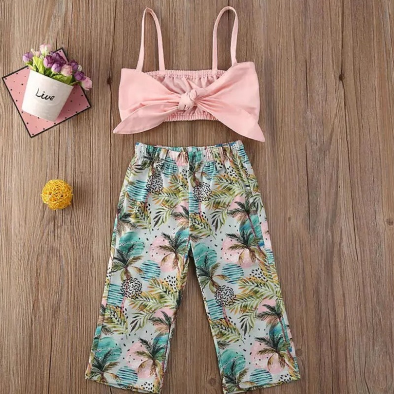 

Lovely Stylish Plants Print Pink Girl Two-piece Pants Set
