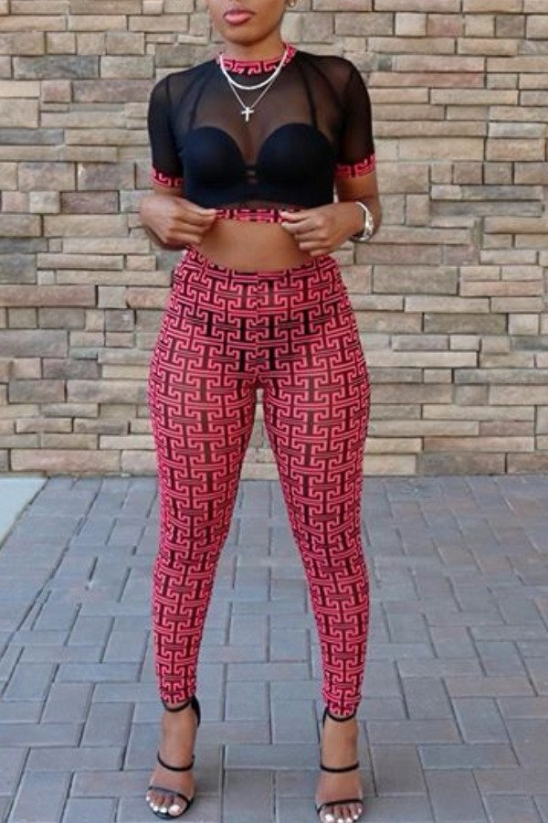 

Lovely Leisure See-through Red Two-piece Pants Set