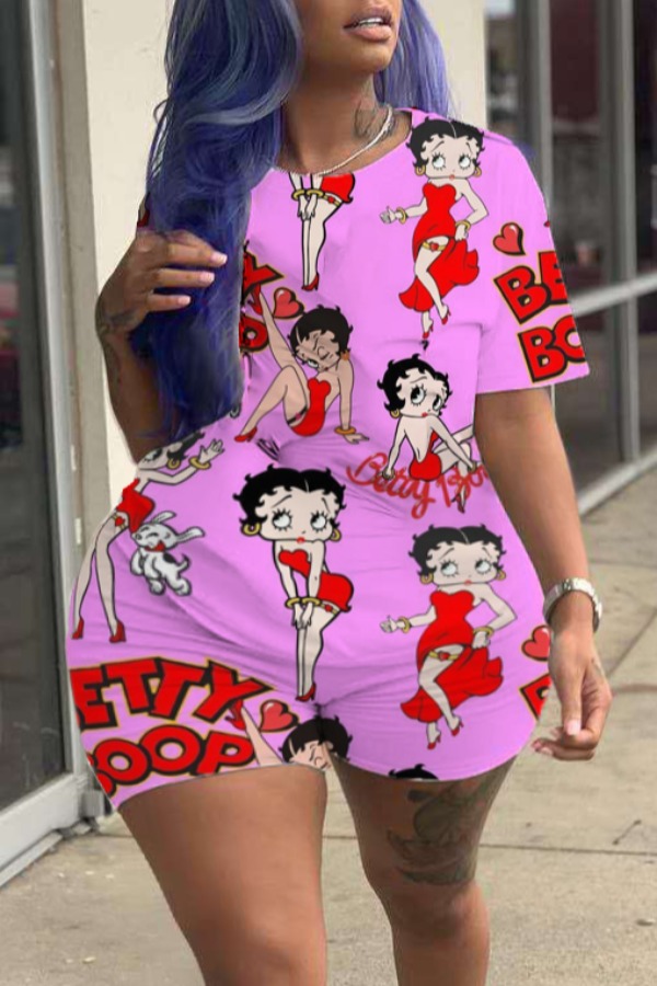 

Lovely Casual Cartoon Print Pink Plus Size Two-piece Shorts Set
