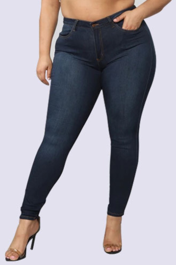 

Lovely Casual Zipper Design Deep Blue Plus Size Jeans