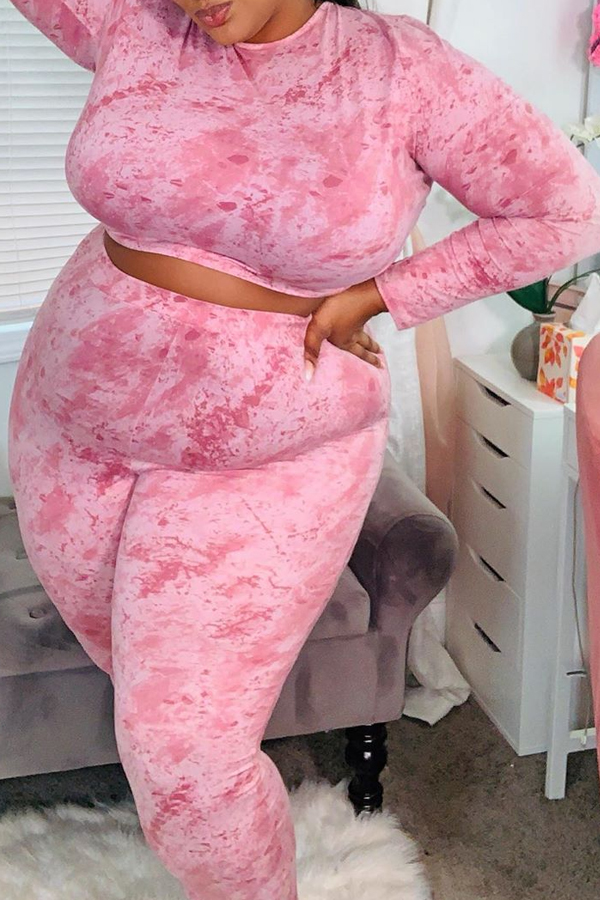 

Lovely Sexy Tie-dye Pink Plus Size Two-piece Pants Set