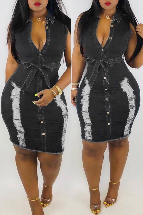 

Lovely Stylish Broken Holes Black Knee Length Plus Size Dress