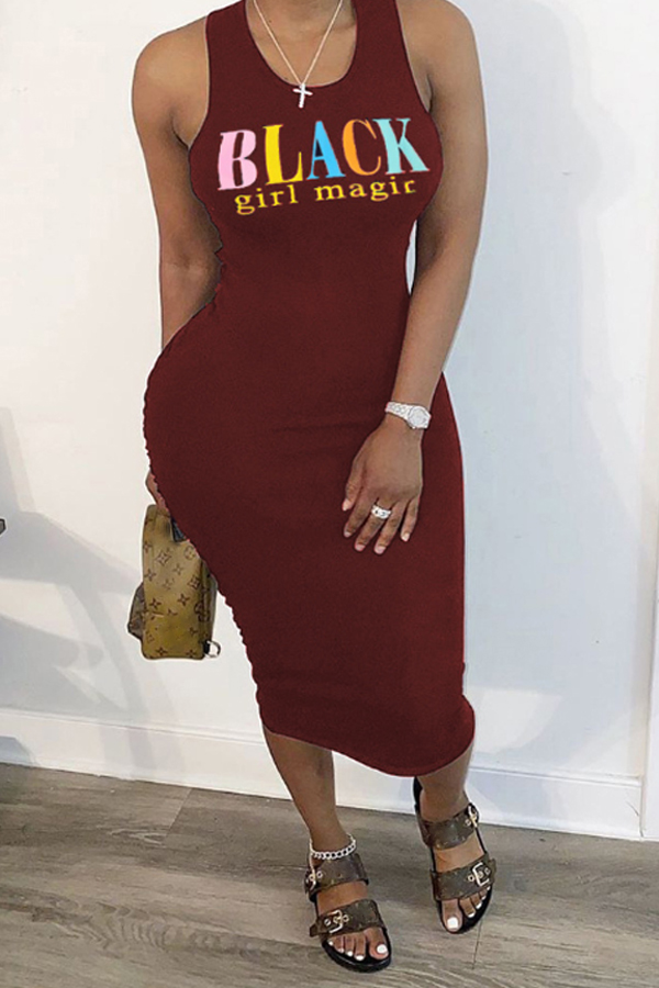 

LW Leisure O Neck Letter Wine Red Mid Calf Dress