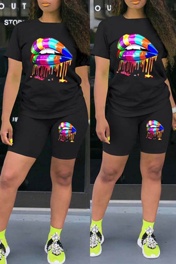 

Lovely Casual Lip Print Black Two-piece Shorts Set
