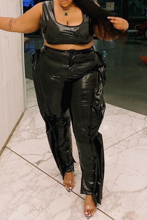 

Lovely Casual Patchwork Black Plus Size Two-piece Pants Set