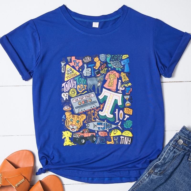 

Lovely Casual O Neck Cartoon Print Blue T-shirt
