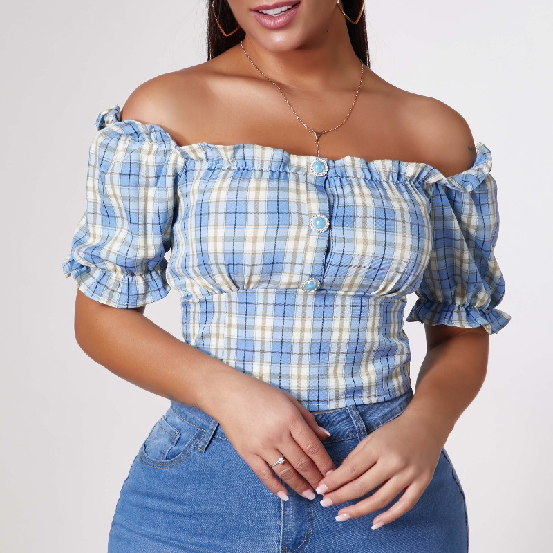 

Lovely Stylish Grid Skyblue Blouse