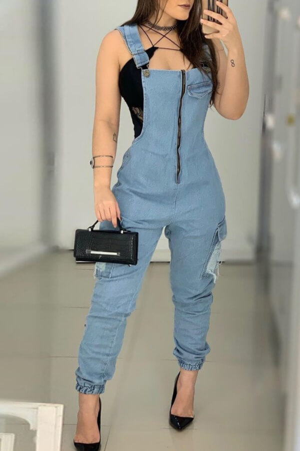 

Lovely Stylish Zipper Design Baby Blue One-piece Jumpsuit