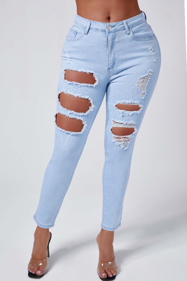 Lovely Casual Broken Holes Blue Jeans
