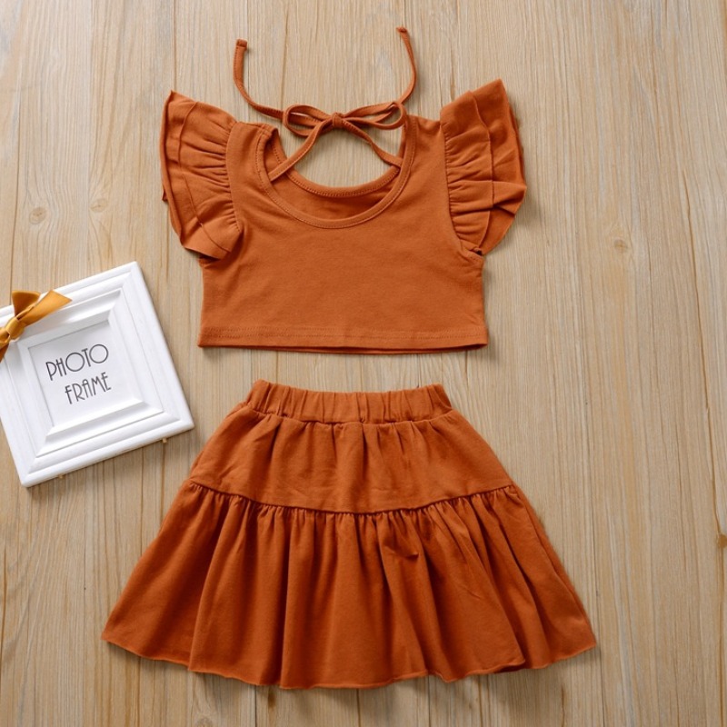 

Lovely Sweet Fold Design Brown Girl Two-piece Skirt Set
