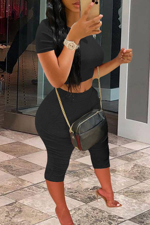 

Lovely Casual Fold Design Black Plus Size Two-piece Pants Set