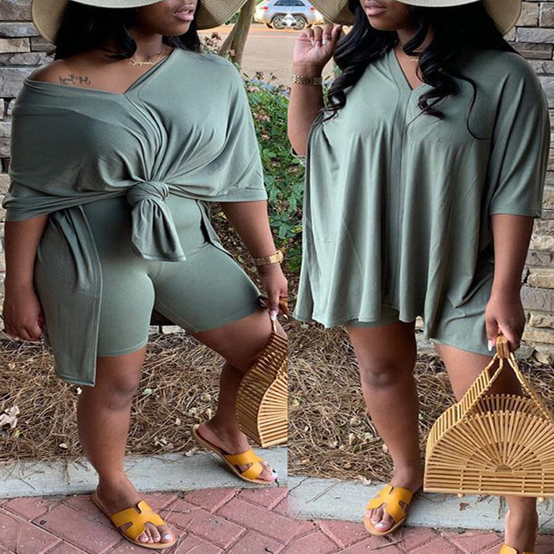 

Lovely Casual Asymmetrical Green Plus Size Two-piece Shorts Set