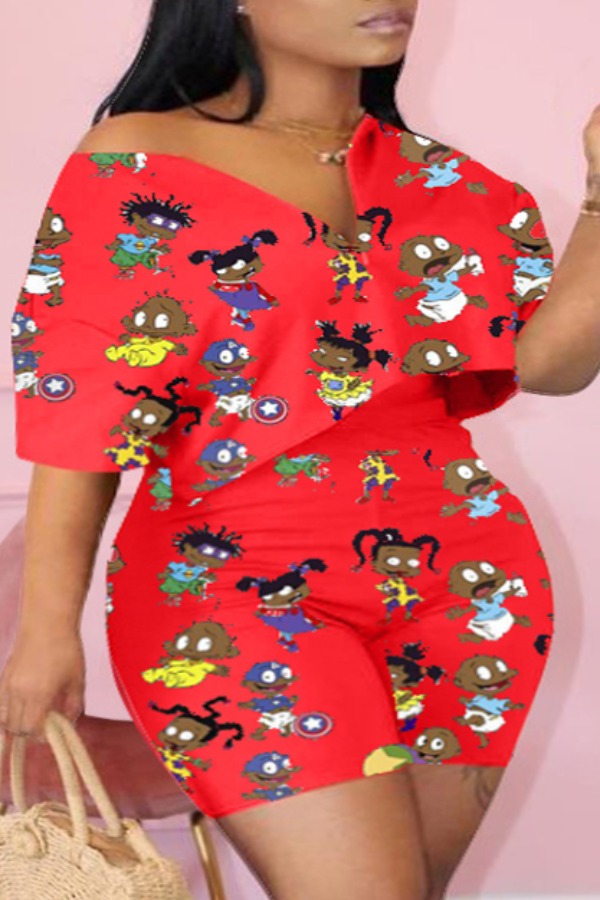 

Lovely Casual Cartoon Print Red Plus Size Two-piece Shorts Set