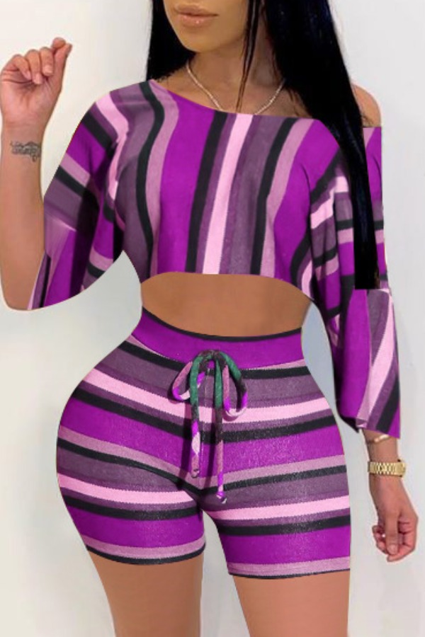 

Lovely Casual Striped Purple Plus Size Two-piece Shorts Set
