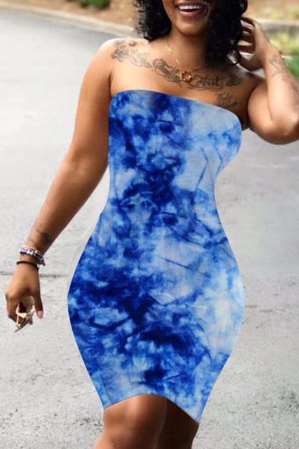 

Lovely Sexy Dew Shoulder Tie-dye Blue Knee Length Dress