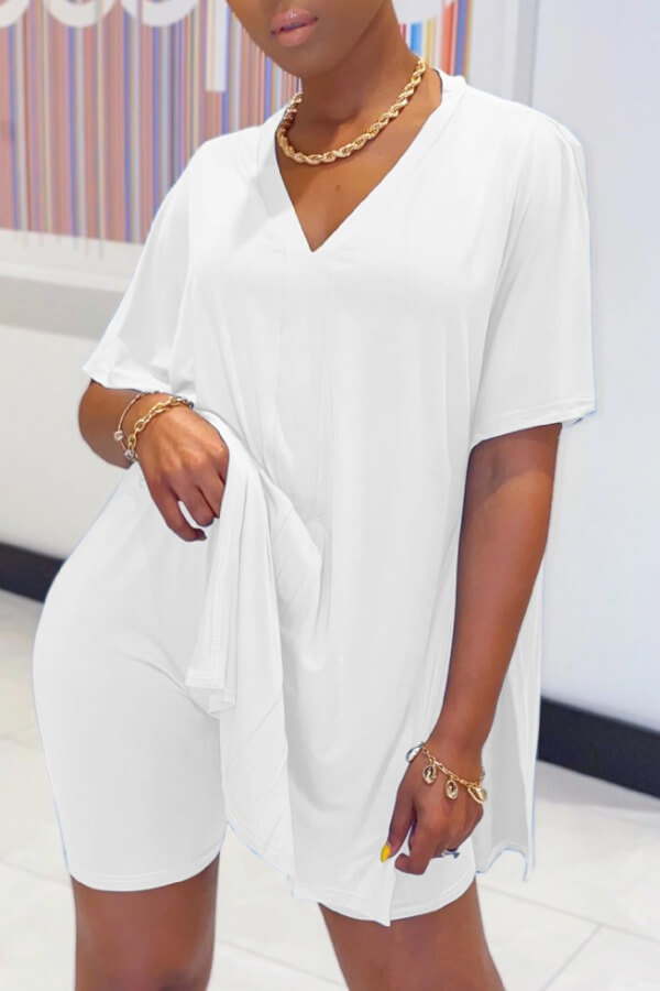 

Lovely Casual V Neck Basic White Two-piece Shorts Set