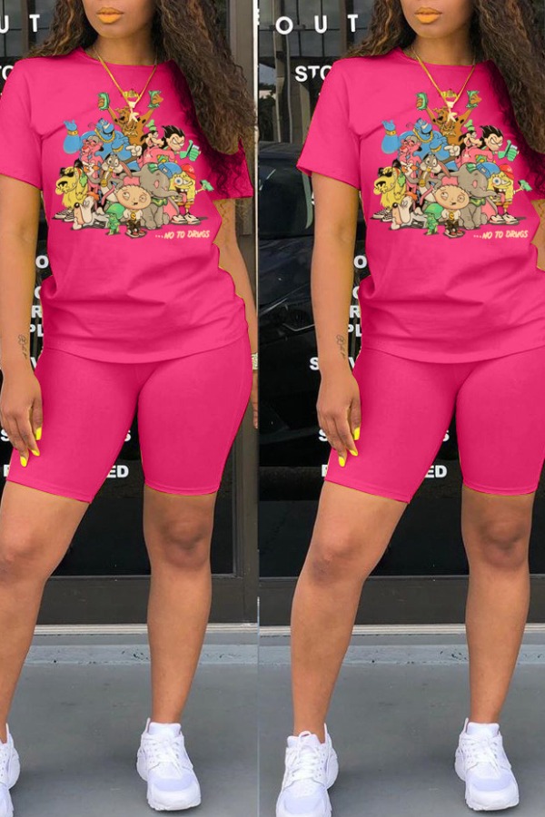 

Lovely Casual Cartoon Print Watermelon Red Two-piece Shorts Set