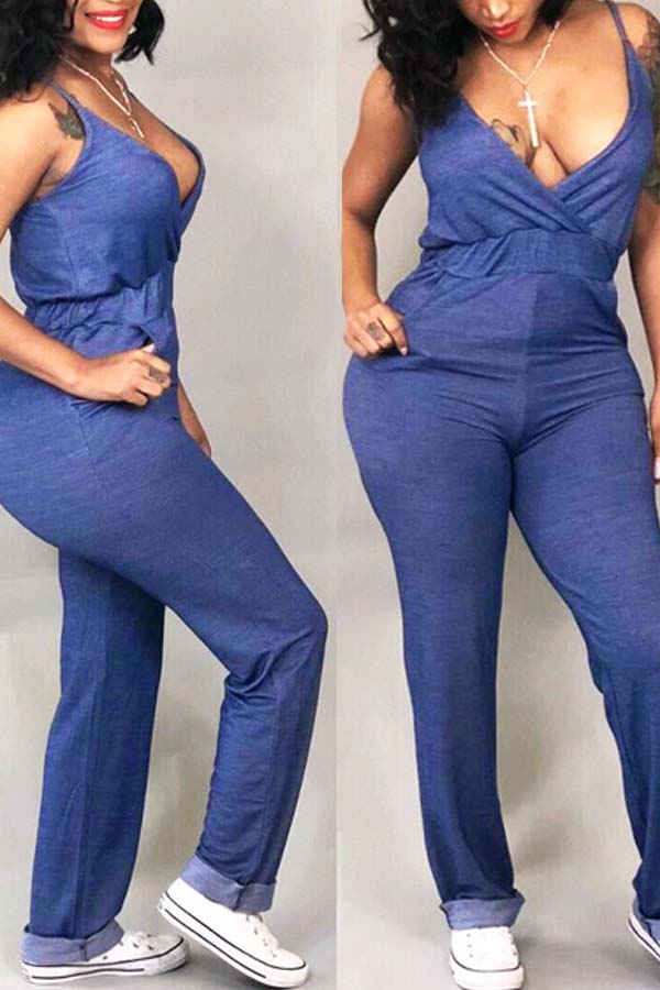 

Lovely Trendy Deep V Neck Blue One-piece Jumpsuit