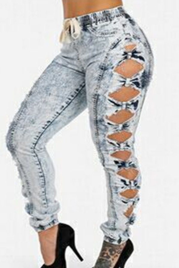 

Lovely Trendy Hollow-out Blue Plus Size Jeans