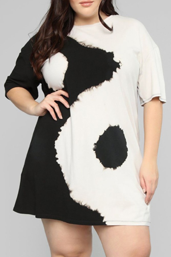 

Lovely Casual Print Patchwork Black Mini Plus Size Dress
