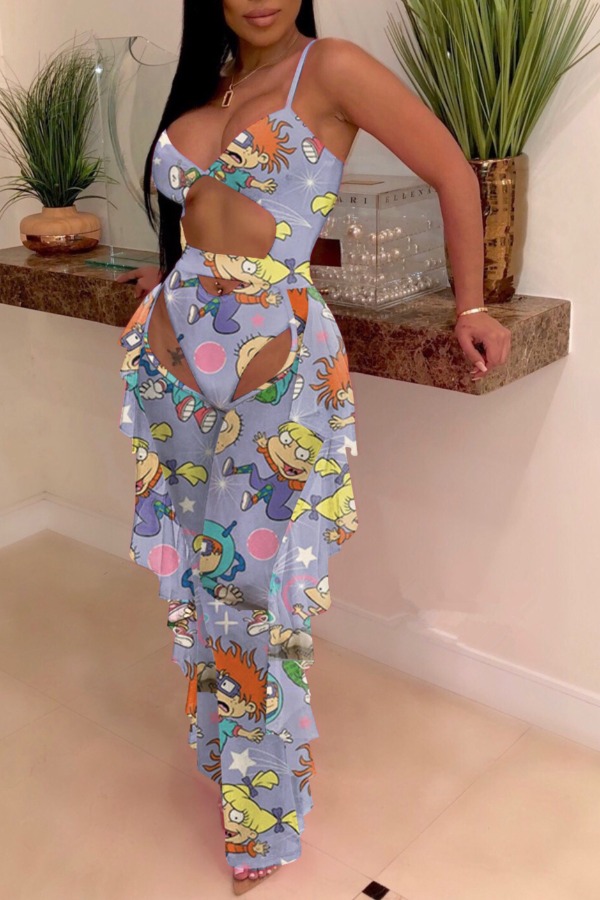 

Lovely Cartoon Print Light Purple One-piece Swimsuit(With Pants