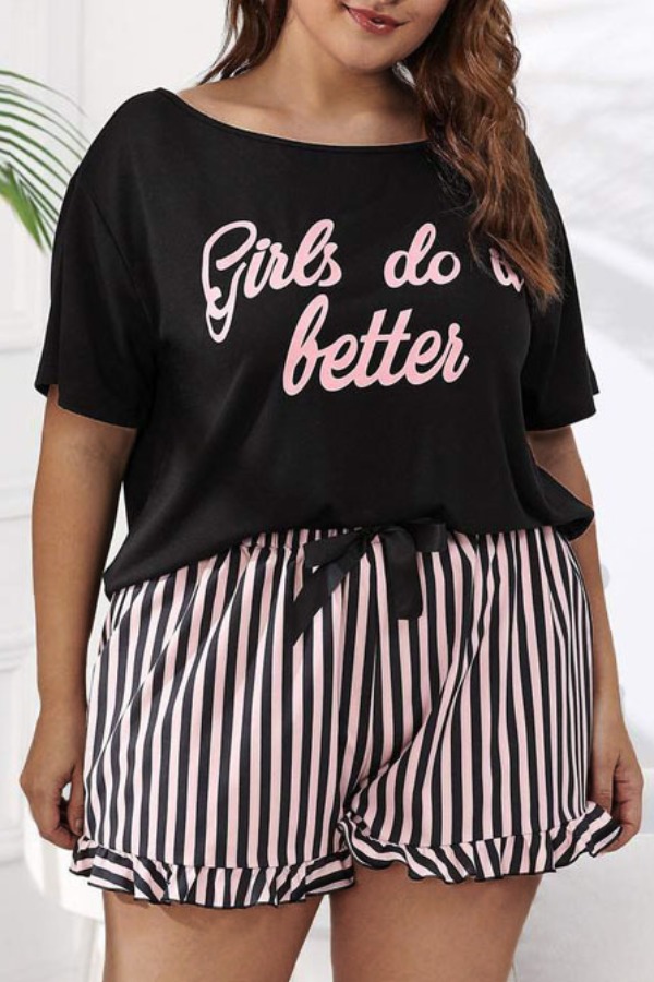 

Lovely Casual Letter Black Plus Size Sleepwear
