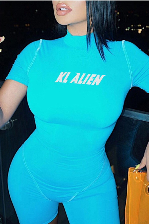 

Lovely Sportswear Letter Blue One-piece Romper