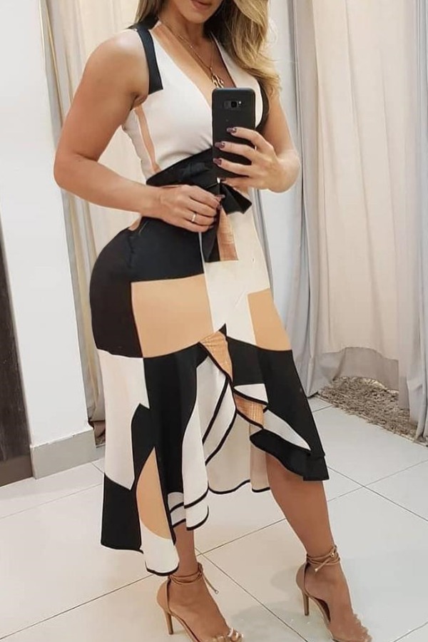

Lovely Casual Color-lump Patchwork Yellow Ankle Length Plus Size Dress