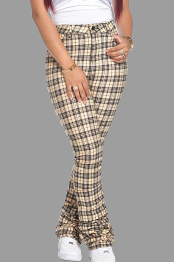 

Lovely Casual Grid Khaki Plus Size Pants