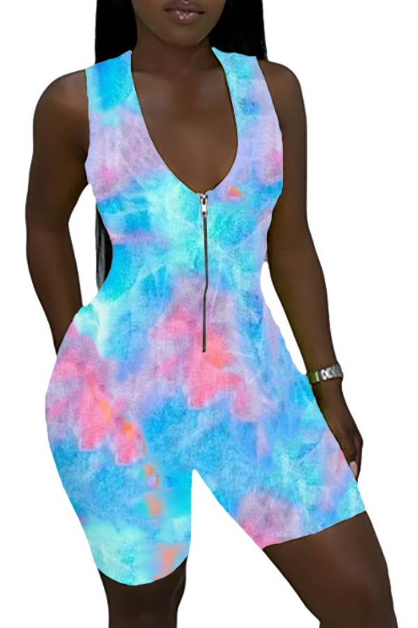 

Lovely Trendy Print Zipper Design Blue One-piece Romper