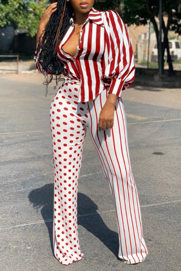 

Lovely Casual Striped Print Red Two-piece Pants Set
