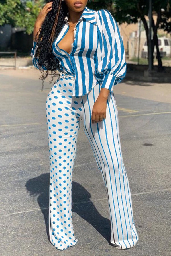 

Lovely Casual Striped Print Blue Two-piece Pants Set