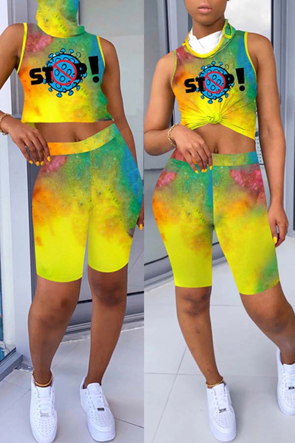

Lovely Casual Tie-dye Yellow Two-piece Shorts Set