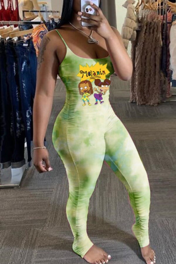 

Lovely Stylish Cartoon Print Green One-piece Jumpsuit