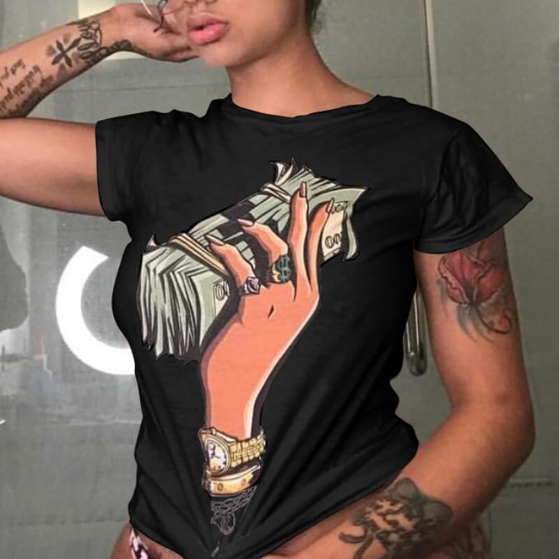 

Lovely Casual O Neck Print Black Plus Size T-shirt