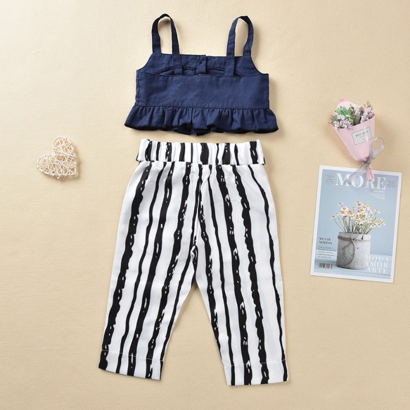 

Lovely Stylish Striped Deep Blue Girl Two-piece Pants Set