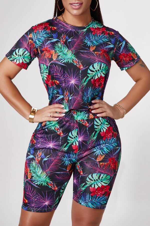 

Lovely Sportswear Plants Print Black Two-piece Shorts Set