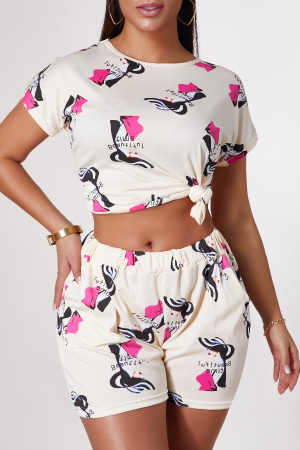 

Lovely Leisure O Neck Print White Two-piece Shorts Set