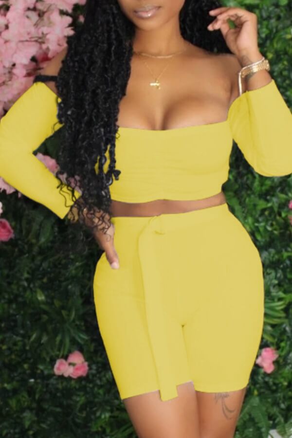 

Lovely Stylish Lace-up Yellow Two-piece Shorts Set