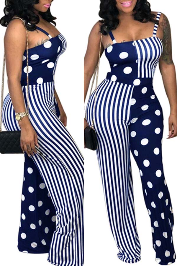 

Lovely Stylish Print Patchwork Dark Blue One-piece Jumpsuit