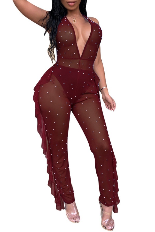 

Lovely Sexy See-through Purplish Red One-piece Jumpsuit