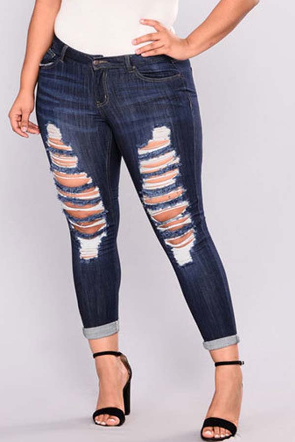 

Lovely Casual Hollow-out Deep Blue Plus Size Jeans