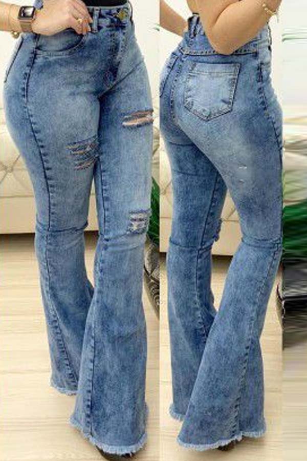 

Lovely Trendy Hollow-out Blue Jeans