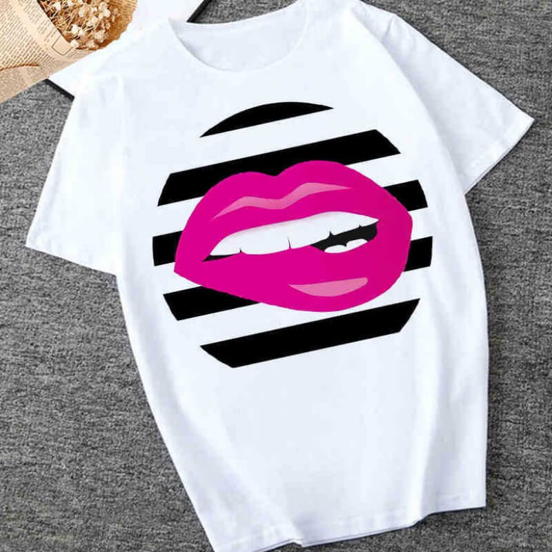 

Lovely Trendy O Neck Lip Print White T-shirt