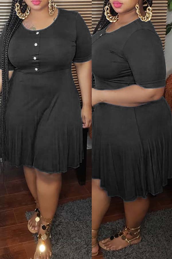 

Lovely Casual O Neck Fold Design Black Knee Length Dress
