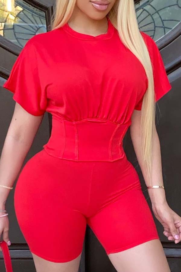 

Lovely Casual Patchwork Red Two-piece Shorts Set