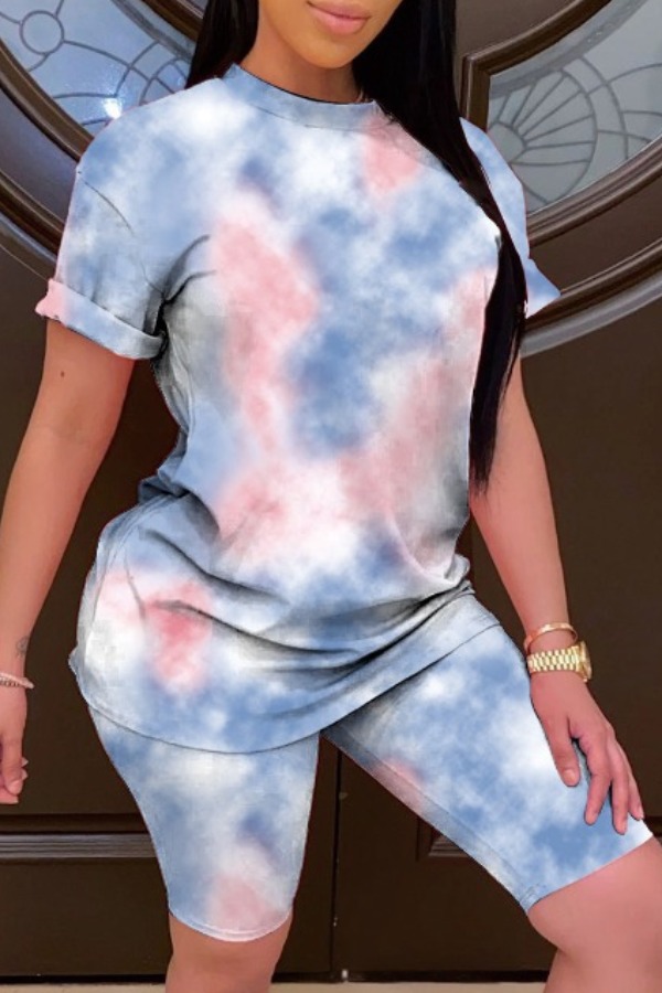 

Lovely Leisure O Neck Tie-dye Blue Two-piece Shorts Set